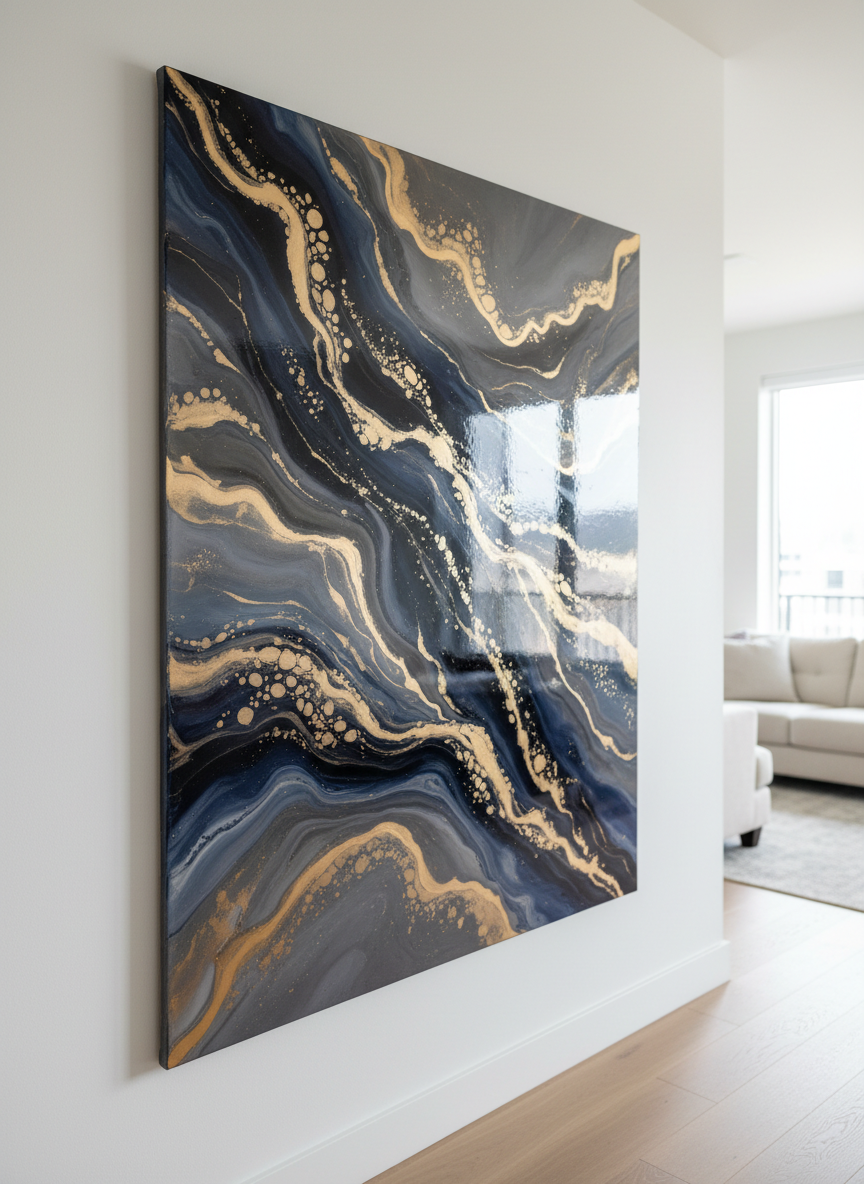 A large custom fluid acrylic painting mounted on a matte white gallery wall, featuring deep indigo, charcoal, and champagne-gold cells flowing across the canvas in elegant, organic ribbons. The glossy resin-like surface subtly reflects light, revealing delicate lacing and marbled textures designed to complement refined interior decor. Photographed in a modern living room setting with pale oak flooring, a low-profile cream sofa blurred in the background, and soft afternoon natural light streaming from a side window. The lighting creates sophisticated highlights on metallic pigments and gentle shadows along the canvas edge. Captured at eye level with a slight angle, in photographic realism, emphasizing the painting as the focal point and conveying a calm, luxurious, gallery-worthy atmosphere.