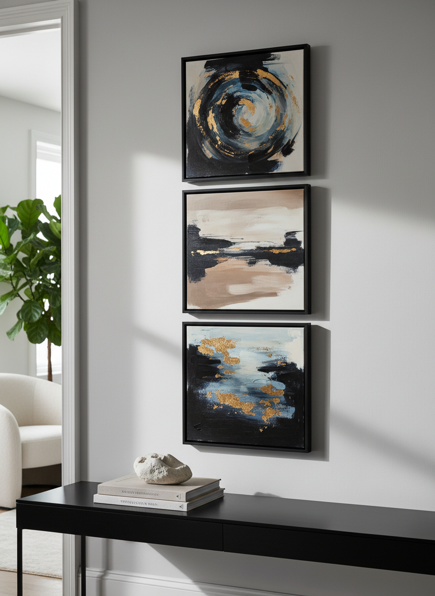 A sophisticated interior vignette showcasing a trio of custom expressionist canvases hung in a vertical arrangement on a smooth, dove-grey wall. Each painting features bold, gestural brushstrokes in a restrained palette of ink black, warm taupe, and smoky blue, with hints of muted gold leaf catching the light. Beneath them, a sleek black console holds stacked design books and a single sculptural stone object. Soft, diffused natural light from an unseen window creates gentle, elongated shadows and lightly illuminates the textured paint ridges. Captured in photographic realism from a slightly angled perspective, with sharp focus on the artwork and a subtly blurred background. The atmosphere is refined, modern, and curated, emphasizing the role of bespoke abstract art as a key element of interior design.