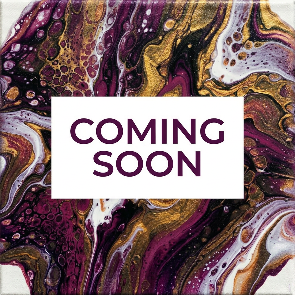 Colorful abstract background with blue, gold, purple, and white swirls surrounding 'COMING SOON' text