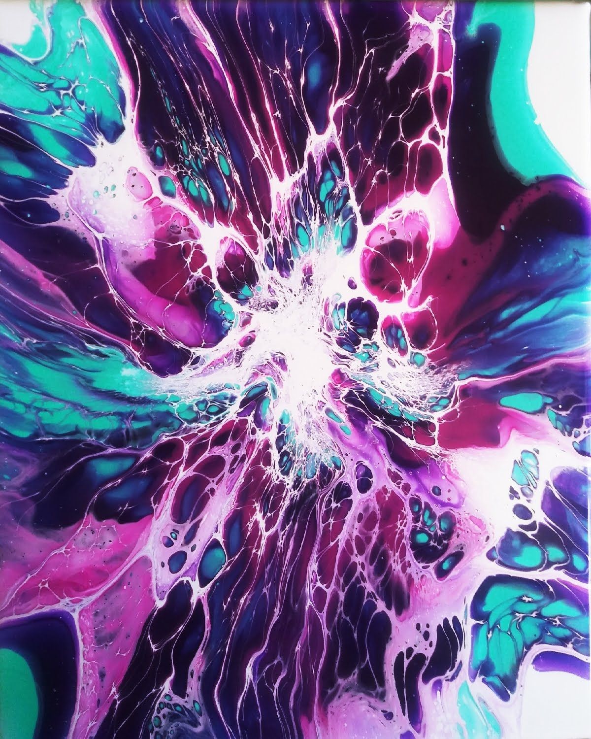 High-contrast fluid acrylic painting with white branching forms radiating through magenta, purple, teal, and black.
